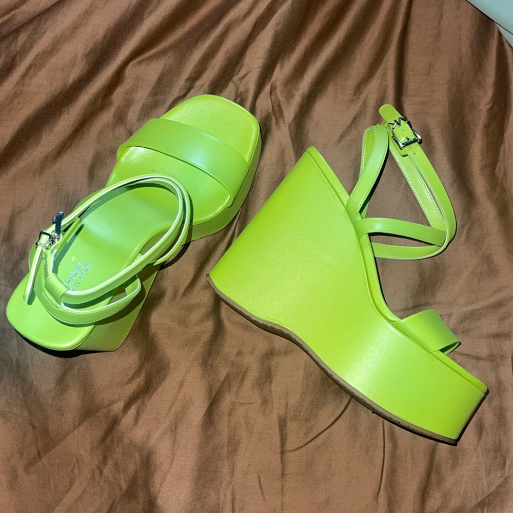 Michael Kors Lime Green Leather Wedge Platform Sandal